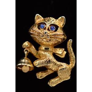 Avon Vintage Cat Pin Brooch Brushed Gold Blue Rhinestone Dangle Bell 1980s BinAL